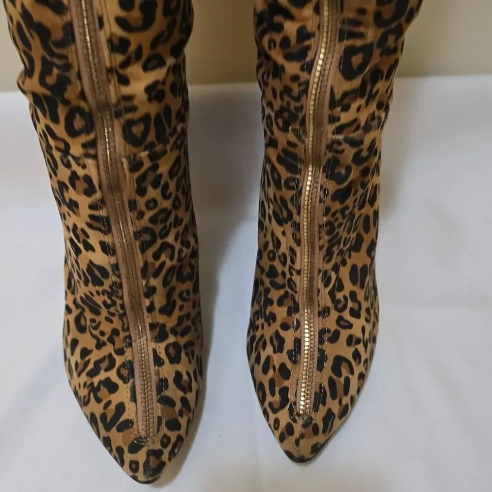 Chinese Laundry Faux Suede Tan/Blk Leopard Prt. OTK Boots, Gold Frt Zip, EUC, 8